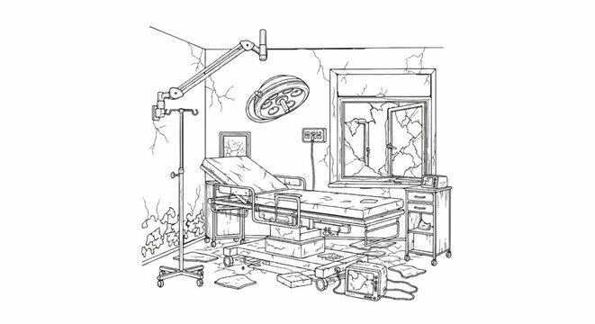A desolate operating room with cracked walls and shattered window
