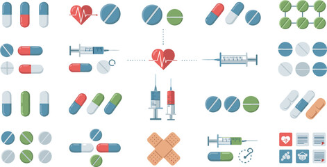 Medical Pills, Capsules, and Syringe Icon Set with Heart Health Symbols, Tablets, Bandages, and Healthcare Elements for Pharmacy, Medicine, and Treatment Design