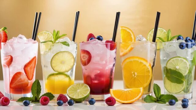 Assorted refreshing fruit cocktails with ice, citrus slices, berries and mint served in tall glasses with straws. Vibrant summer beverages arranged in colorful row.