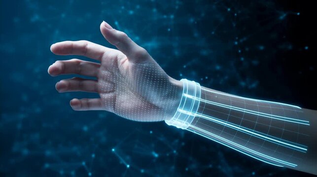 Hand displaying cybernetic arm hologram futuristic bionic prosthetic 4K 