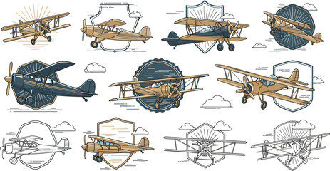 Vintage Biplane Airplane Badge and Emblem Collection with Retro Aviation Aircraft, Clouds, and Shield Frames for Pilot Logos, Travel Labels, and Adventure Designs © MstHura