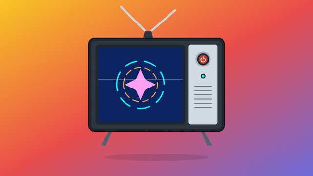 Animated vintage television display showing an abstract technological star graphic with dynamic circular elements and a colorful gradient