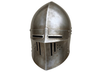 A detailed image of a medieval knight's helmet with a visor, isolated on transparent background