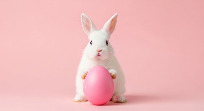 Easter sunday white bunny holding pink easter egg on pastel background
