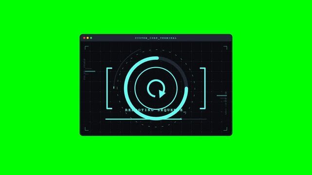 Advanced digital interface displaying a dynamic rebooting sequence and system readiness, perfect for futuristic technology visuals and innovative