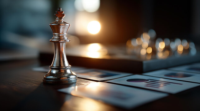 Studio flat lay of a silver chess queen piece beside small printed data analysis icon cards on a warm dark surface the chess piece casting a long dramatic shadow across the