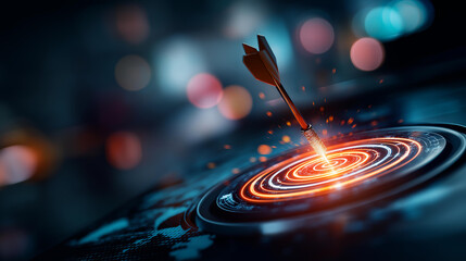Fototapeta premium Bird's eye aerial of a vivid glowing circular target on a dark tech floor surface viewed directly from above a bright data arrow pointing straight down into the bullseye center