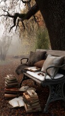 Obraz premium A park bench laden with books, inviting tranquility under a large, autumnal tree in misty weather.