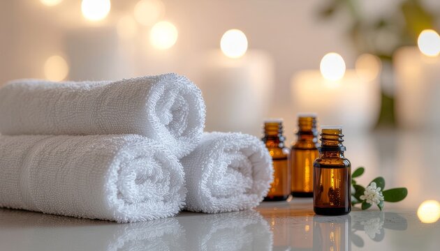 Spa towels and essential oil bottles.