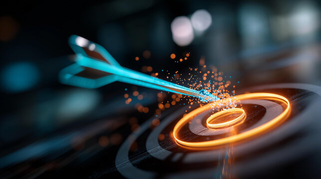 Dramatic low key composition of a vivid cyan data arrow cutting through dark digital space toward a glowing orange target ring faint data particles trailing behind the arrow