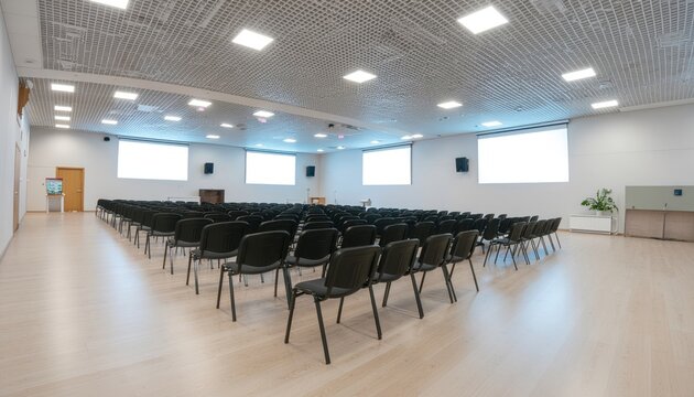 Spacious Conference Room with Rows of Chairs and Projector Screens.
