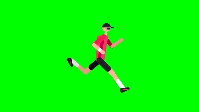 A flat design animated person runs dynamically on a vibrant green screen backdrop, an ideal element for various motion graphics projects and