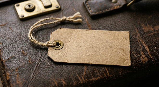 Blank Brown Paper Luggage Tag Tied to a Leather Suitcase