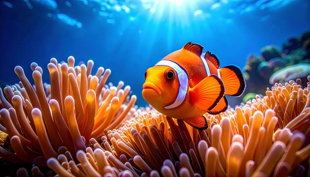 Clownfish swimming near sea anemone underwater.