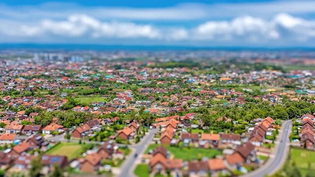 An aerial tilt-shift view captures a sprawling residential area under a bright
