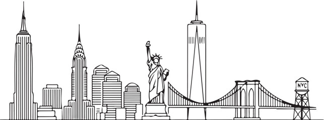 Naklejka premium New York City iconic skyline with Statue of Liberty and Brooklyn Bridge illustration