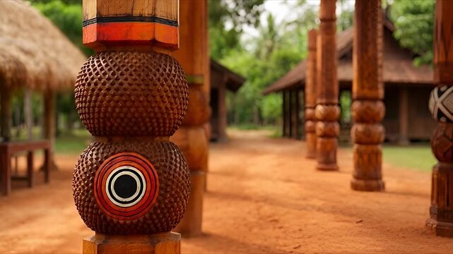 Intricately carved wooden totem pole with colorful details outdoors in a village setting with thatched roof huts