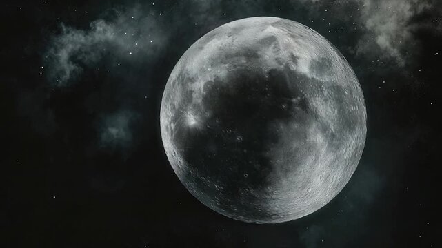 A bright full moon is seen shining through fluffy white clouds on a dark night