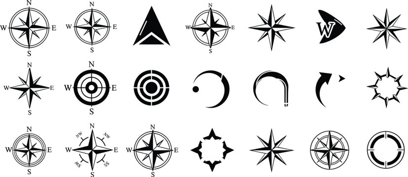 Collection of black compass rose silhouettes and navigation icons including wind rose symbols mapping arrows and cardinal directions isolated on white background for vecto