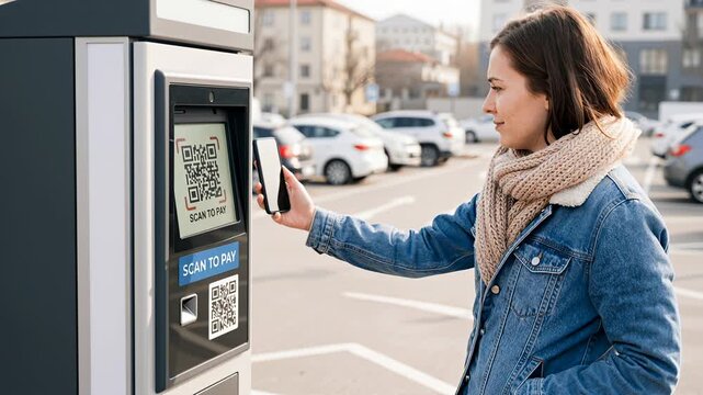 woman scanning qr code with smartphone at parking meter for contactless digital payment in city street
