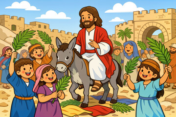 Jesus entering Jerusalem with children waving palm branches Palm Sunday educational illustration for children's Bible Sunday school youth religious education scene