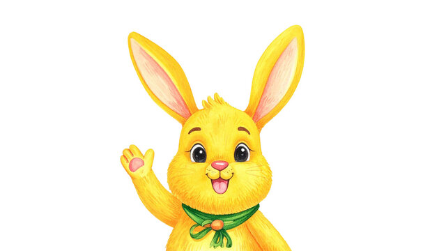 S&uuml;&szlig;er gelber Osterhase mit gr&uuml;nem Fliegenbinder &ndash; fr&ouml;hlich winkend, isoliert auf transparentem Hintergrund