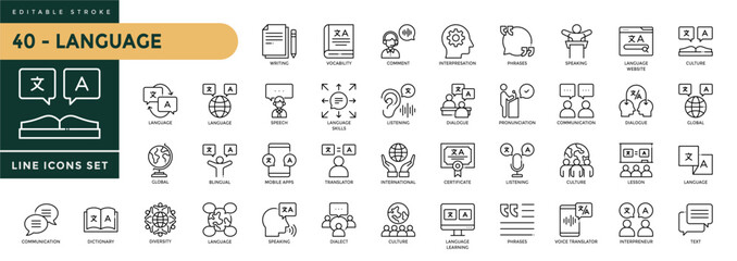 A collection of Language icons set with editable stroke, including speaking, dictionary, language skills, communication, translate, speech, non-verbal, vocabulary. Thin linear vector illustration. © Trisula Icons