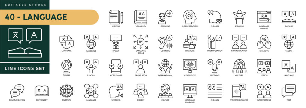 A collection of Language icons set with editable stroke, including speaking, dictionary, language skills, communication, translate, speech, non-verbal, vocabulary. Thin linear vector illustration.