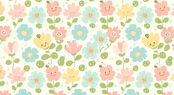 A seamless pattern featuring cute cartoon flowers and tiny bees on a soft cream background design