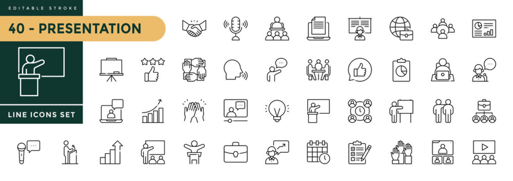 A collection of Presentation icons set with editable stroke, including for business presentations. Thin linear vector illustration.