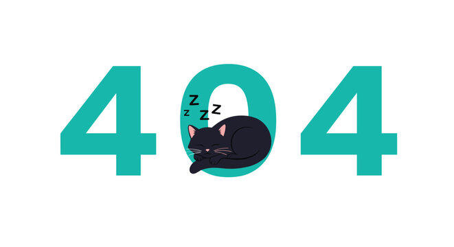 Creative and funny 404 error page design featuring a cute black cat sleeping comfortably inside the large zero digit.