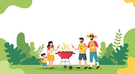 Fototapeta premium Happy family with a young child enjoys a sunny day in the park while cooking a delicious meal on a barbecue grill surrounded by lush greenery.