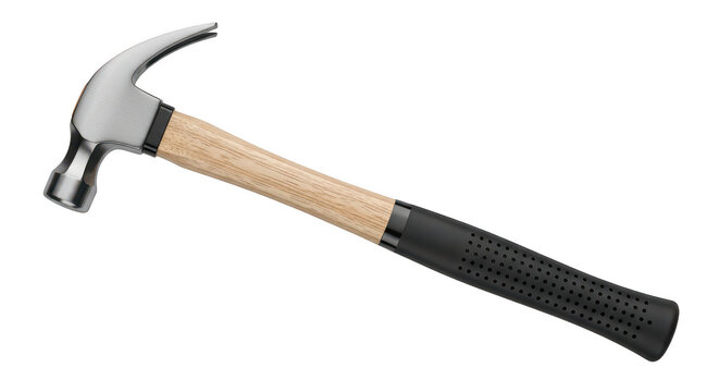 A hammer with a wooden handle and black grip isolated on transparent background
