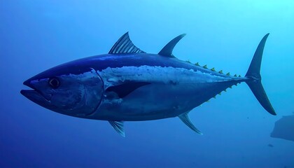 Naklejka premium Large Tuna Fish Swimming Underwater Ocean.