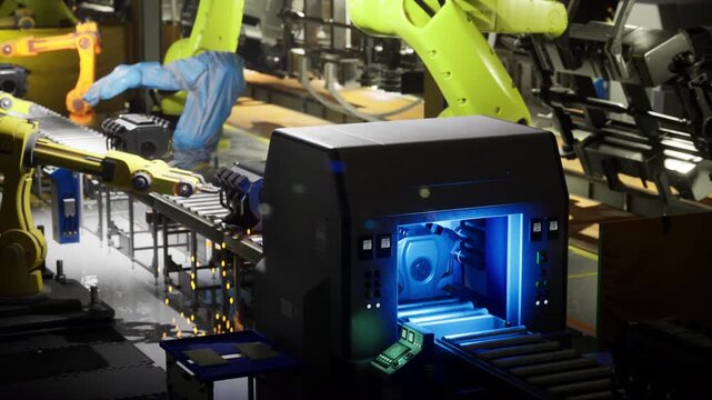 In a high tech manufacturing facility, robotic arms are actively assembling automotive components on a conveyor system. Bright lighting reveals a complex process of precision engineering.