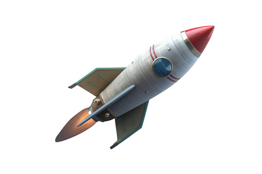 Retro style rocket blasting off into space, representing exploration, innovation, and future travel on transparent background