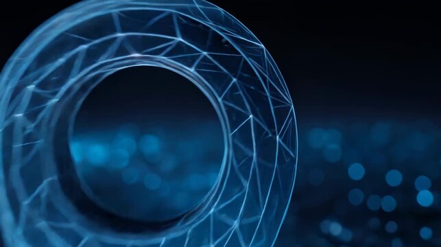 Digital location pin in blue wireframe design illuminates a network of glowing dots and lines, representing connectivity and mapping technology in a dark environment