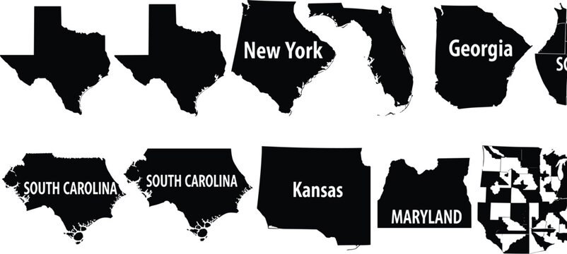 Collection of United States state map silhouettes including Texas Florida Georgia South Carolina Kansas Maryland and other US states isolated vector shapes for geography design