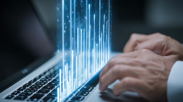 Hands of a male user in a white shirt typing on a laptop keyboard with glowing digital sound waves emerging from the screen in a modern office environment