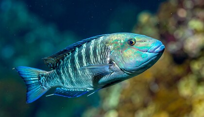 Fototapeta premium Vibrant blue fish swimming underwater freely.