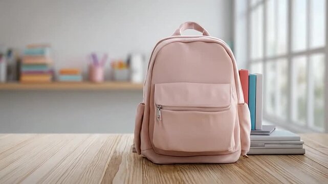 Pink school backpack and books on a wooden desk in a classroom