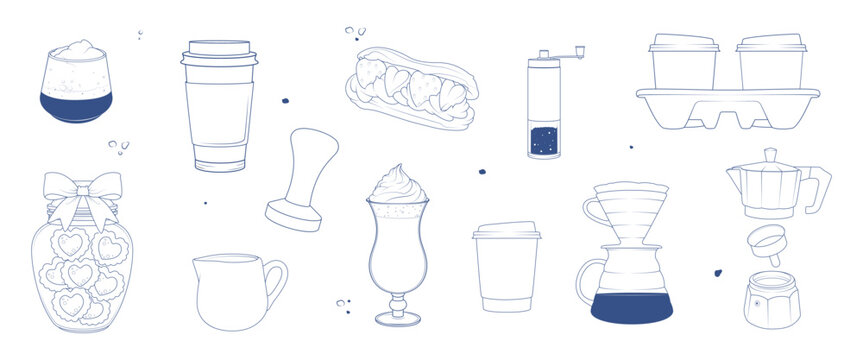 Coffee and cafe objects line art set with cups, takeaway coffee, moka pot, cookies jar, grinder and dessert drink. Minimal vector collection for cafe menu, branding and packaging.