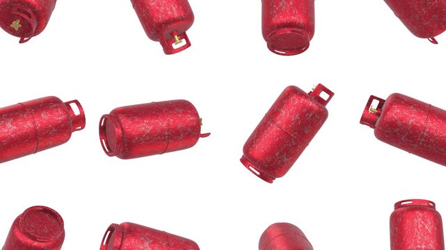 3D Animated Red LPG Gas Cylinders Falling on White Background. 4K
