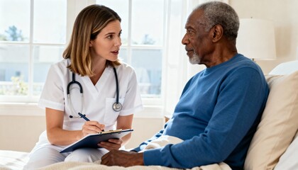Obraz premium Female nurse talking to a senior male patient during a home visit. Caregiver with a clipboard consulting an elderly African American man in bed