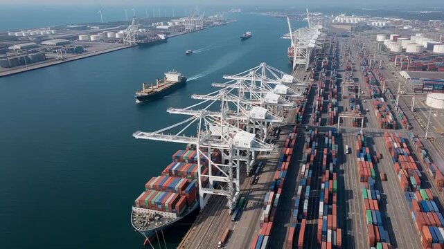 Aerial View of Bustling Container Port: Global Shipping & Logistics Hub Operations, Global Economy