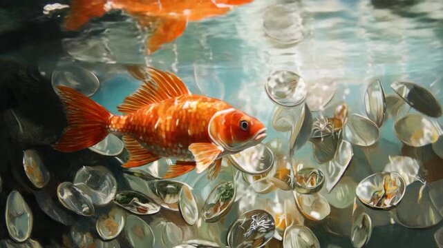 A goldfish swims in a calm pond surrounded by lily pads and aquatic plants