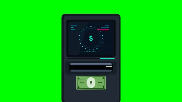 Automated teller machine transaction animation showcasing money withdrawal process on a vibrant green screen backdrop for various financial