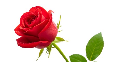 Fototapeta premium A single red rose with green leaves on a white background