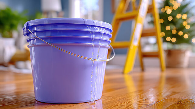 Plastic bucket catching a leak with water overflowing onto hardwood floor during home repair for maintenance and emergency cleanup background