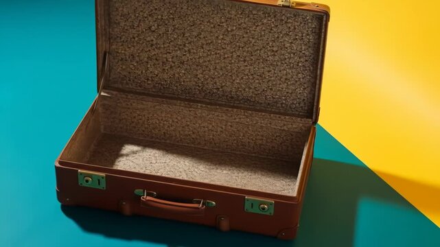 A vintage brown suitcase with its lid open, sitting on a vibrant background